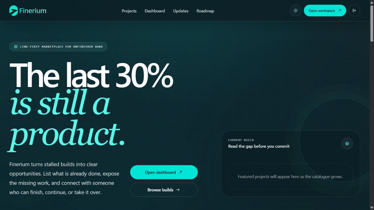 A capture of Finerium’s public homepage, showing its current product proposition.